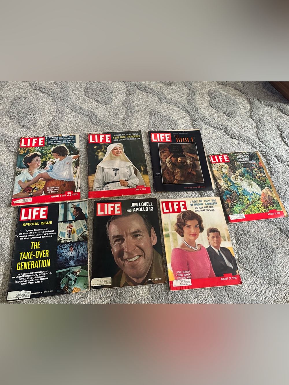 LOT OF 7 - VINTAGE LIFE MAGAZINES 1958-1970 JACKIE O THE BIBLE APOLLO